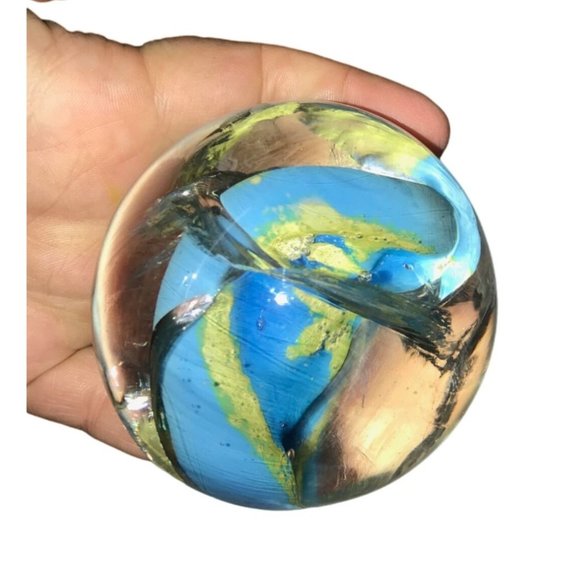 Art Glass Blue Green Yellow Swirled Paperweight - Picture 2 of 9